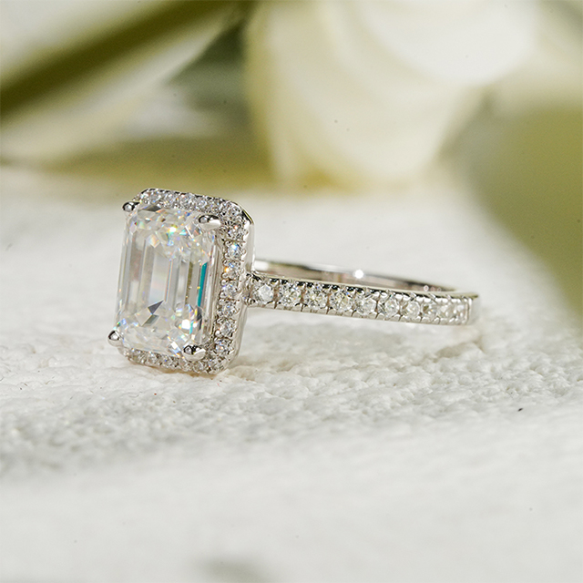 Cincin Pertunangan Halo Moissanite S925 Sterling Silver Octagon Emerald Cut