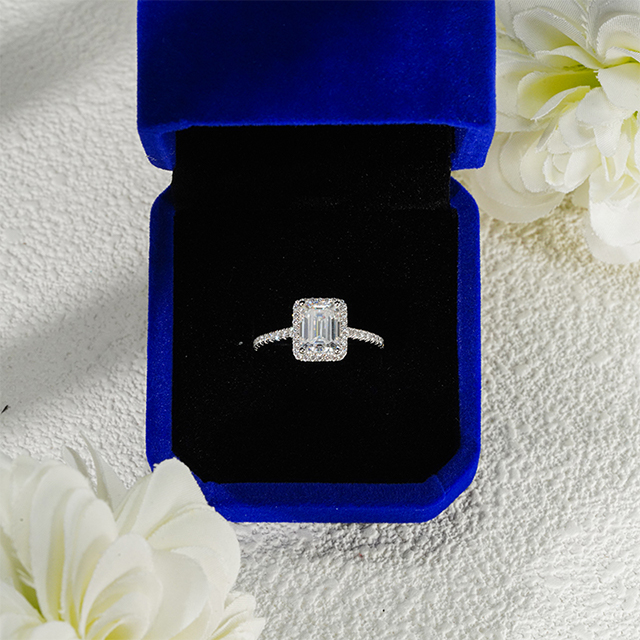 Cincin Pertunangan Halo Moissanite S925 Sterling Silver Octagon Emerald Cut