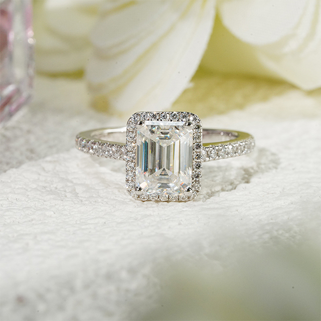 Cincin Pertunangan Halo Moissanite S925 Sterling Silver Octagon Emerald Cut